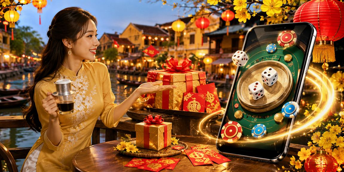 Bàn cà phê Hội An với điện thoại mở mục câu hỏi tài khoản và thanh toán